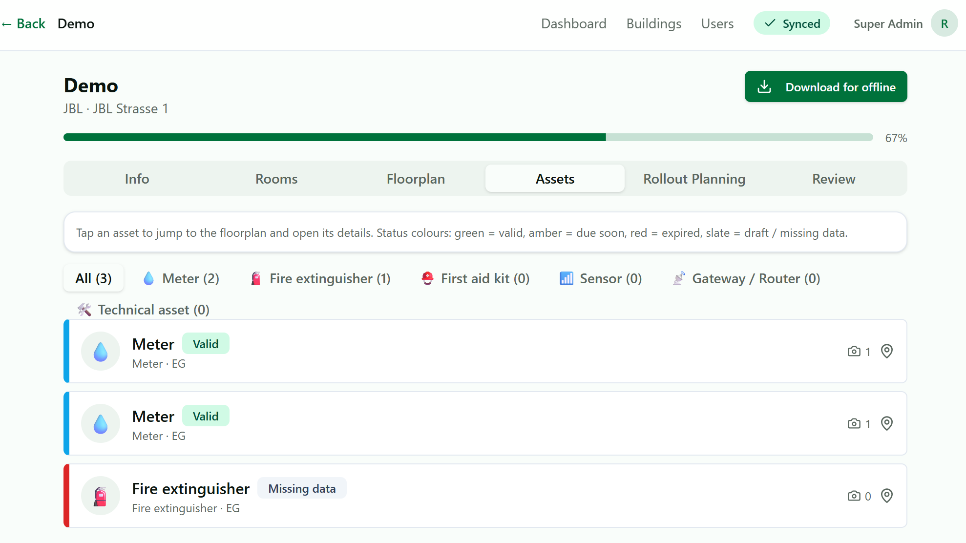 Asset-Liste mit Status Valid, Missing data und Kategorien