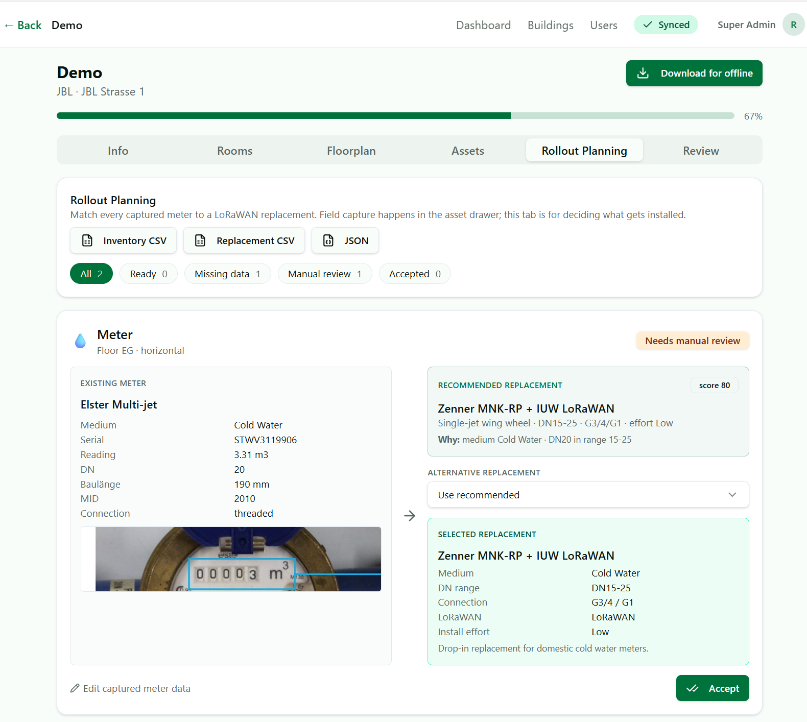 Rollout-Planning mit empfohlenem LoRaWAN-Ersatz je Bestandszähler