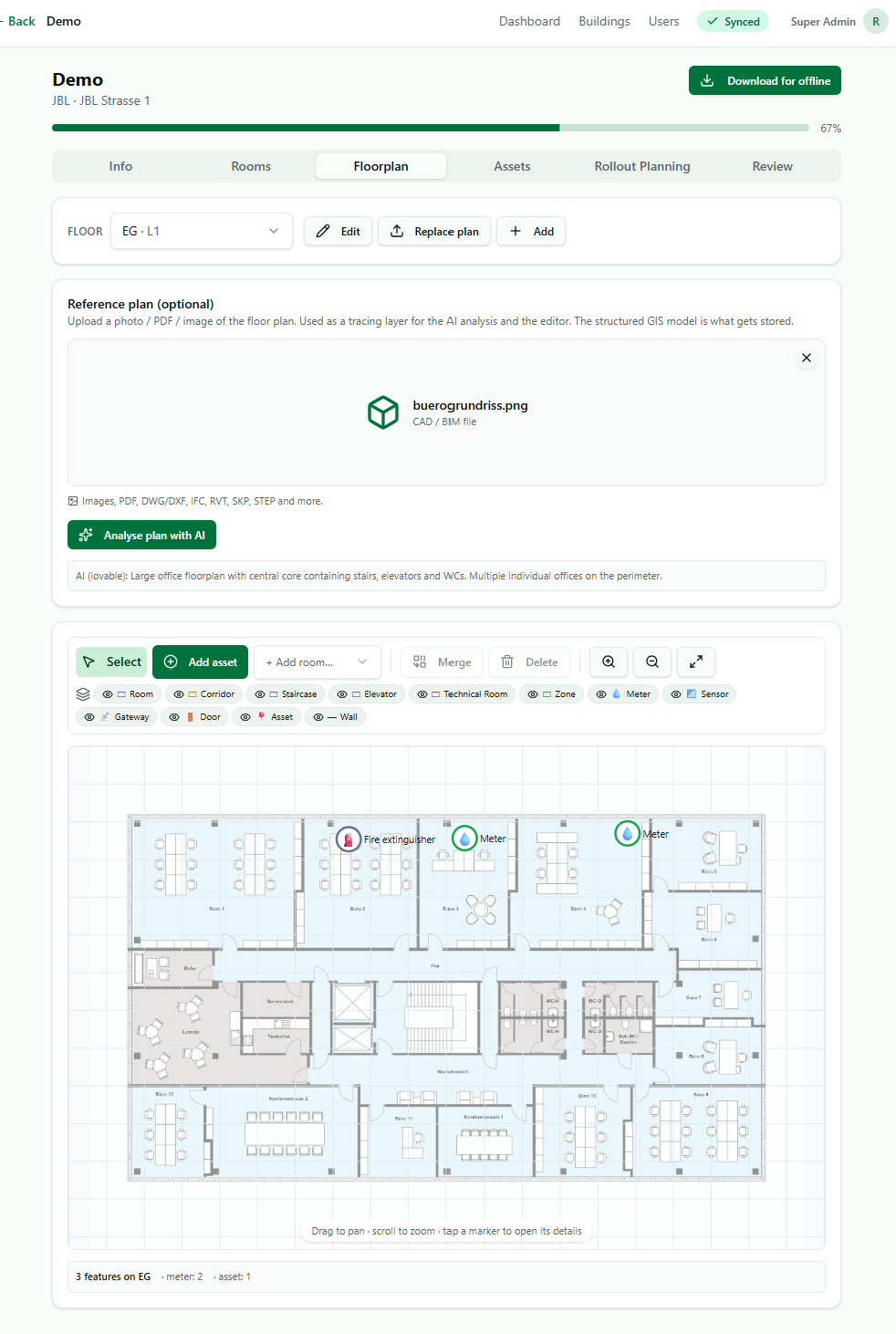 Interaktiver Grundriss mit platzierten Zählern und Assets